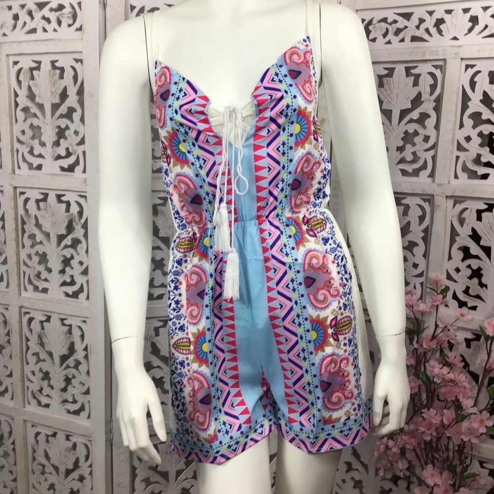 Kivenst Boho Sleeveless Tassel Tie Romper Large